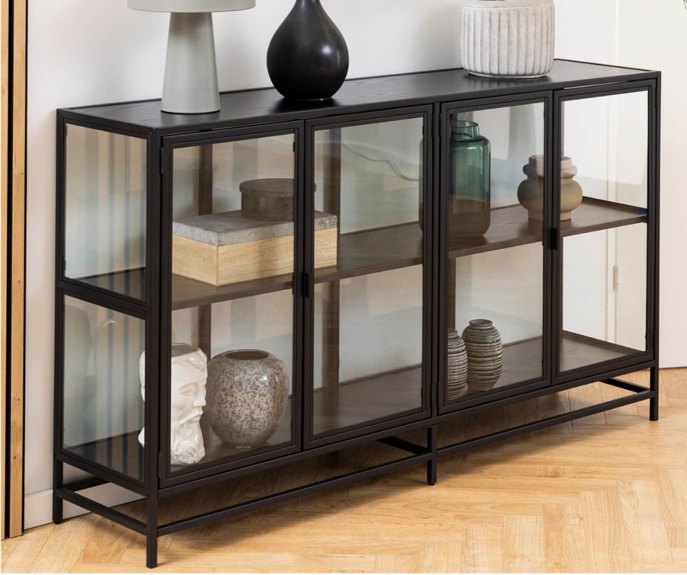 Seaford Black and Oak Display Cabinet with 4 Doors and 2 Shelves 