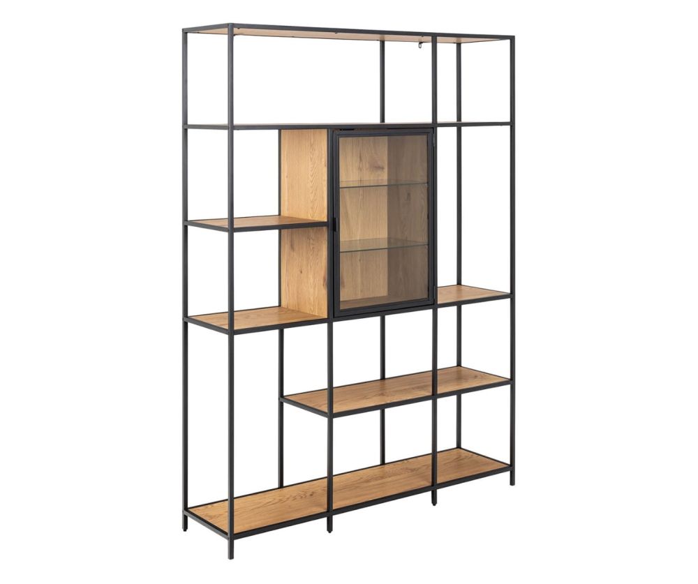 Seaford Black and Oak Bookcase with 7 Shelves and Glass Front Display 