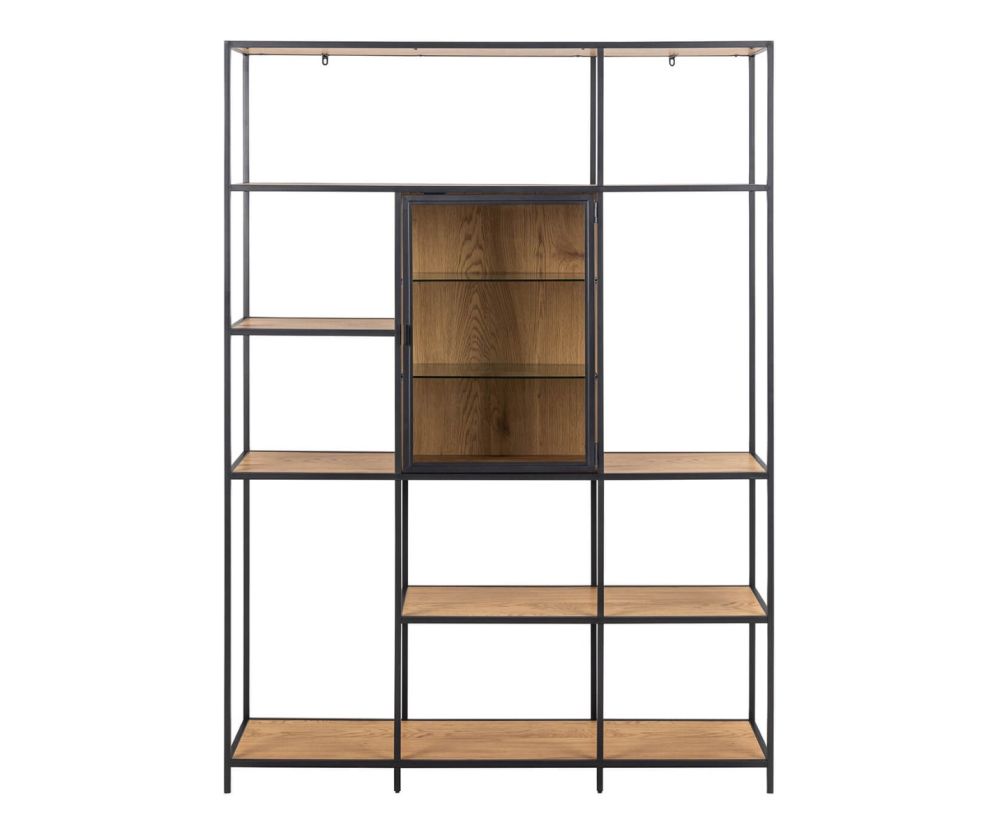 Seaford Black and Oak Bookcase with 7 Shelves and Glass Front Display 