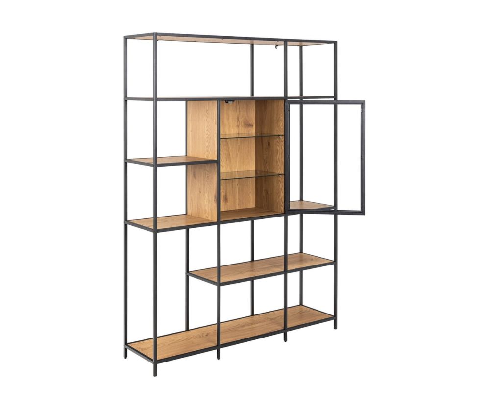 Seaford Black and Oak Bookcase with 7 Shelves and Glass Front Display 