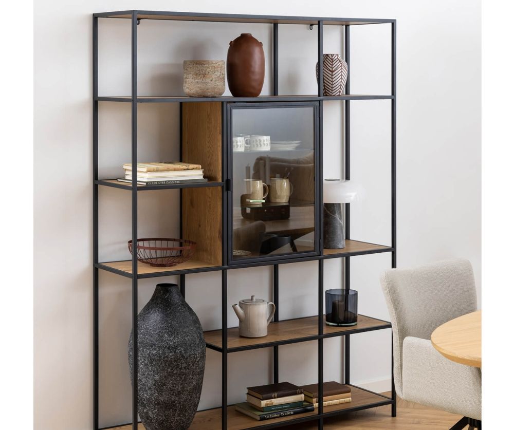 Seaford Black and Oak Bookcase with 7 Shelves and Glass Front Display 