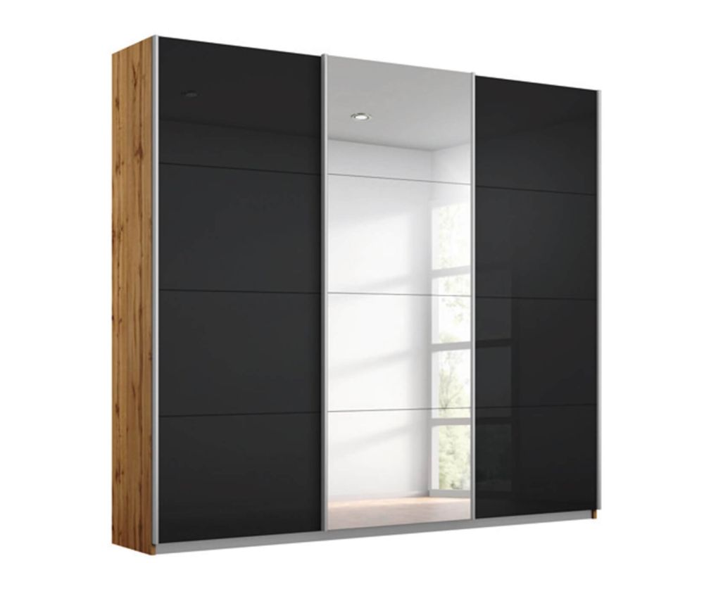 Rauch Kulmbach Black Glass Front 3 Sliding Glass Door 1 Mirror Wardrobe with Chrome Colour Handle Strips(W203cm)