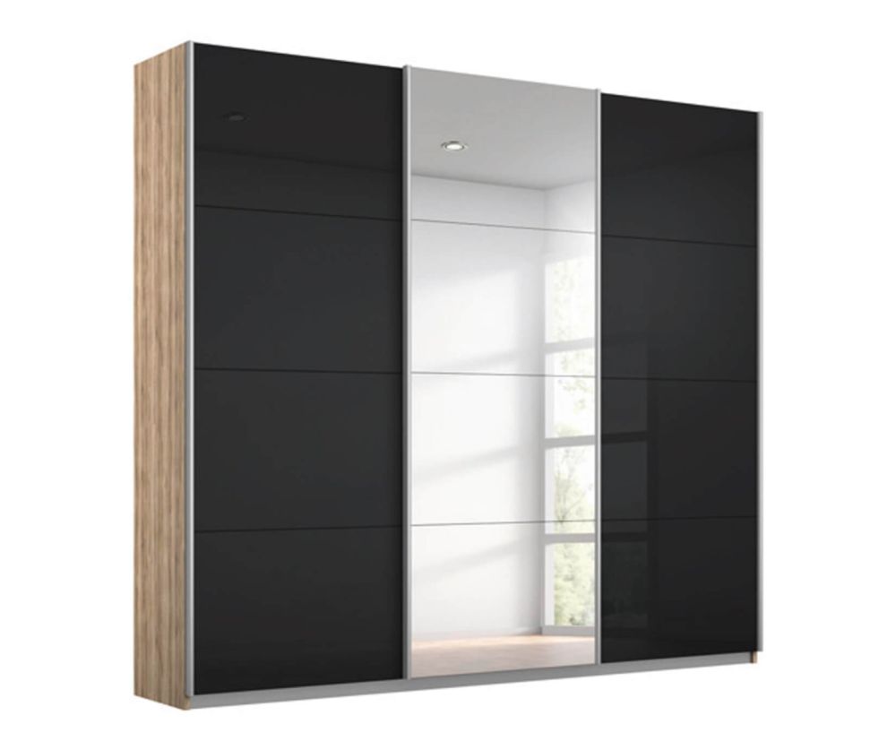 Rauch Kulmbach Black Glass Front 3 Sliding Glass Door 1 Mirror Wardrobe with Carcase Colour Handle Strips(W203cm)