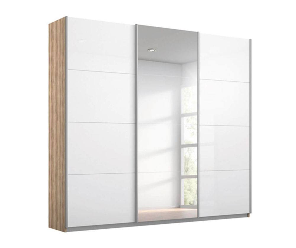 Rauch Kulmbach White Glass Front 3 Sliding Glass Door 1 Mirror Wardrobe with Aluminum Colour Handle Strips(W203cm)
