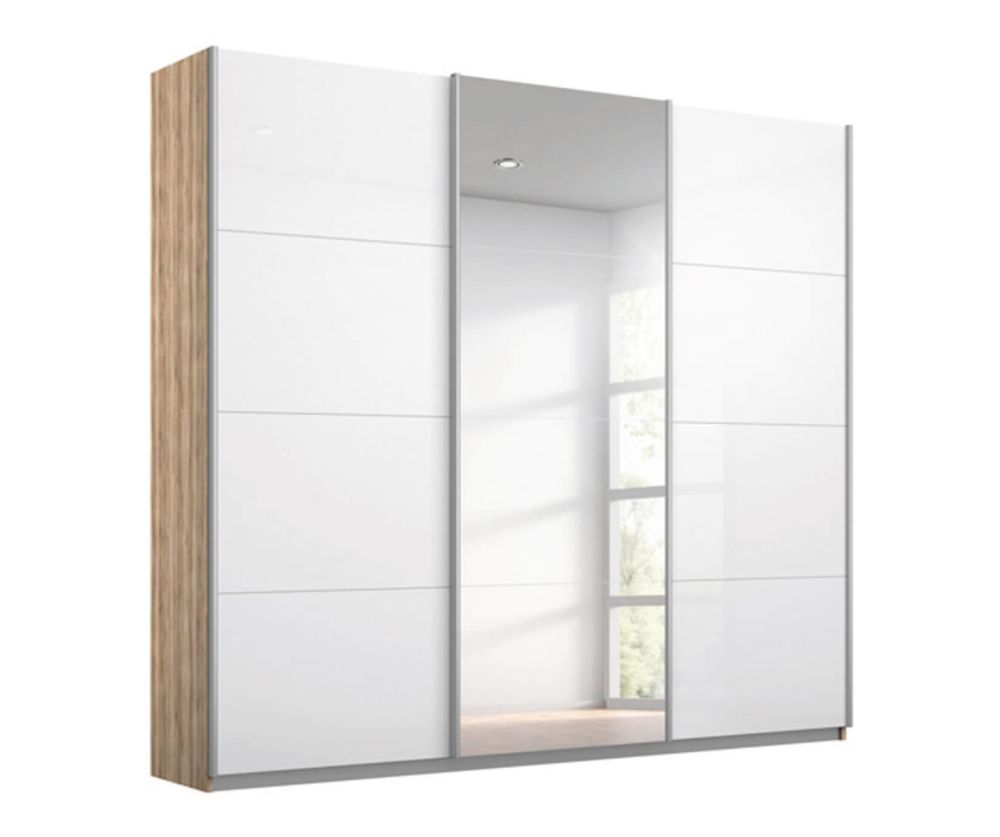 Rauch Kulmbach White Glass Front 3 Sliding Glass 1 Mirror Door Wardrobe with Aluminum Colour Handle Strips(W271cm)