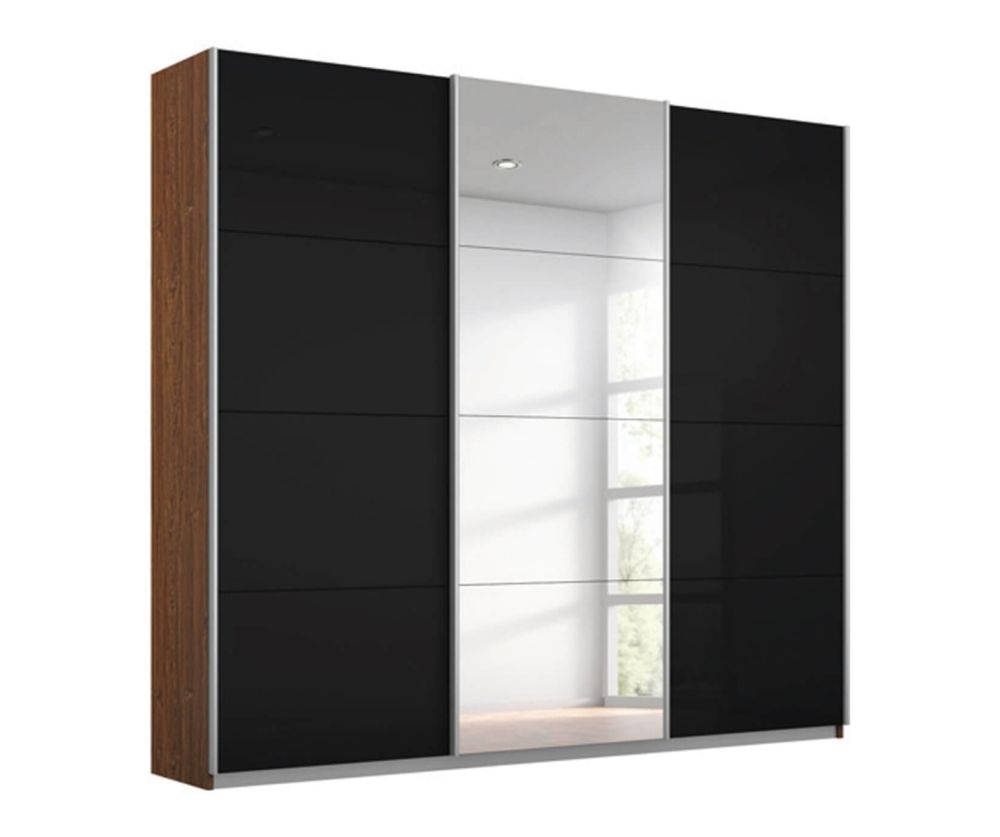 Rauch Kulmbach Black Glass Front 3 Sliding Glass Door 1 Mirror Wardrobe with Carcase Colour Handle Strips(W203cm)