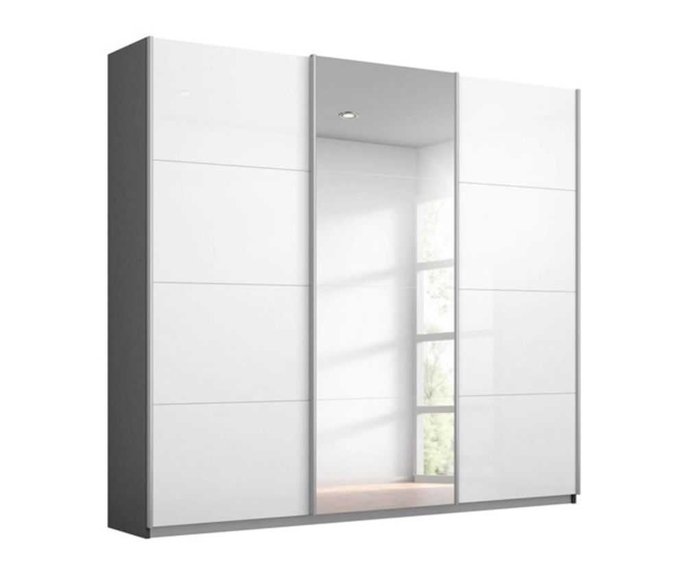 Rauch Kulmbach High Polish White Front 3 Sliding Door 1 Mirror Wardrobe with Aluminum Colour Handle Strips(W203cm)
