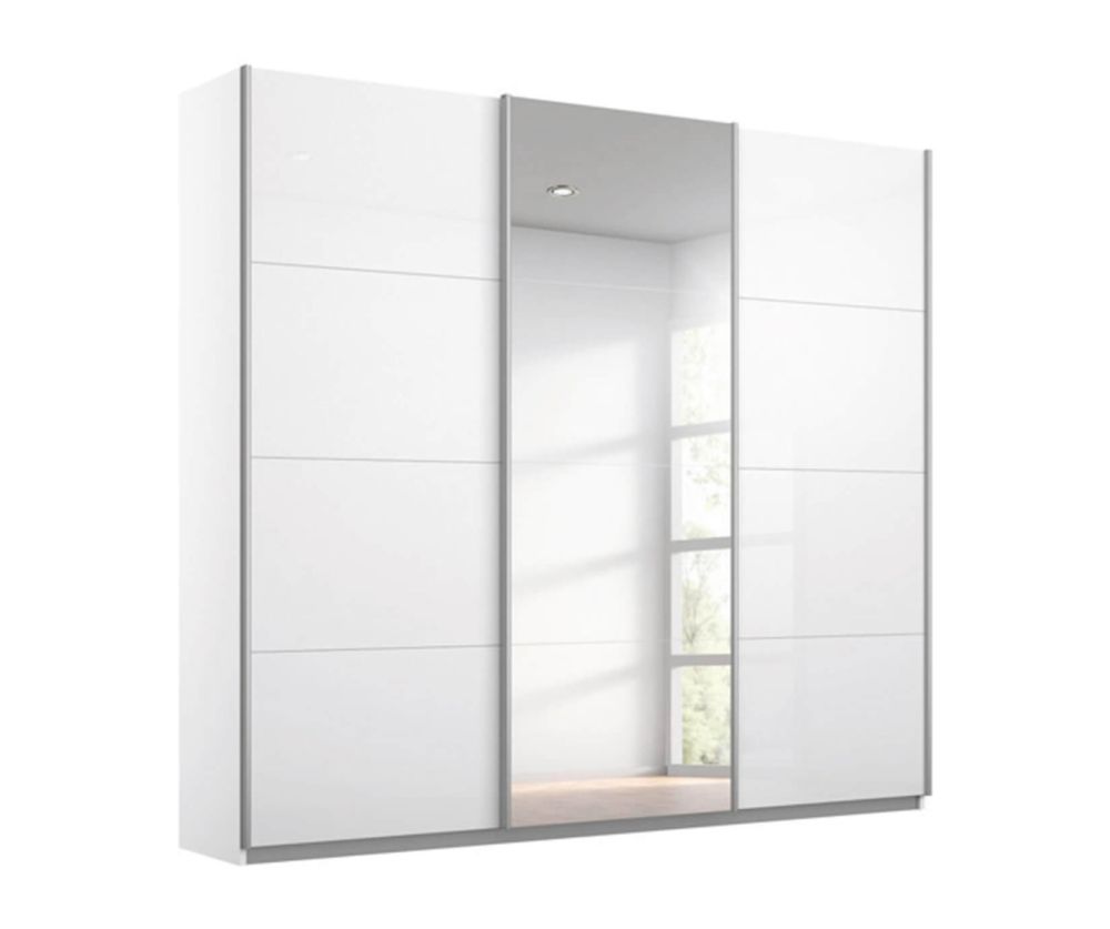 Rauch Kulmbach High Polish White Front 3 Sliding Door 1 Mirror Wardrobe with Chrome Colour Handle Strips(W203cm)