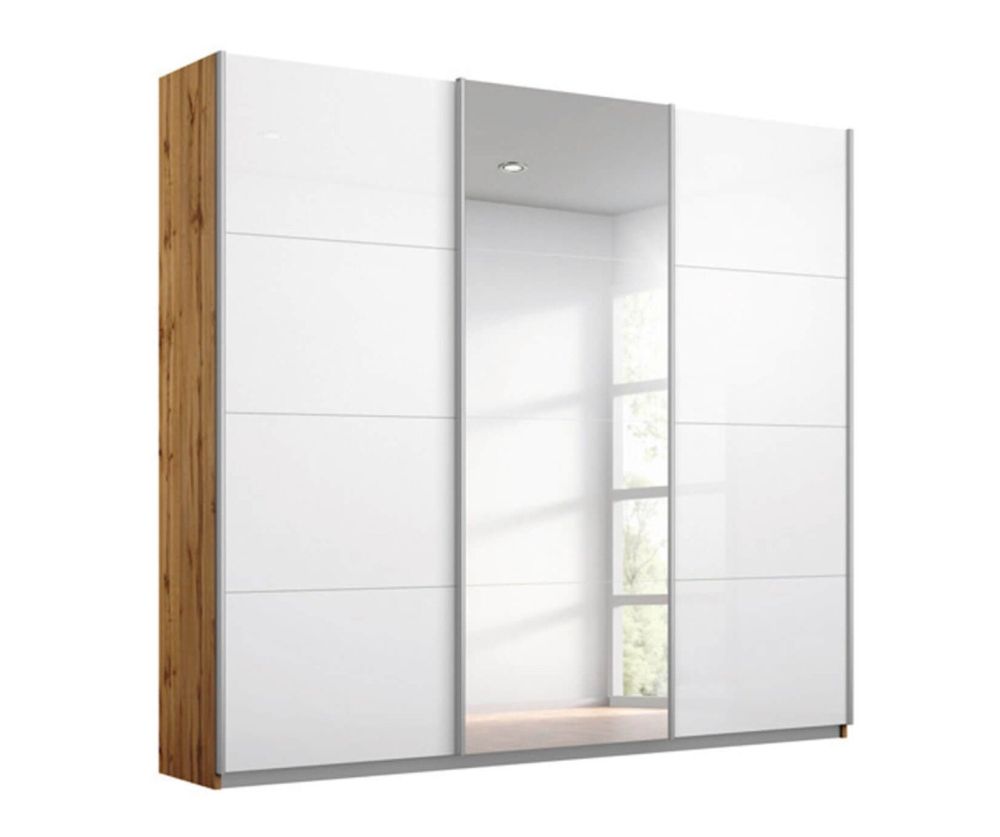 Rauch Kulmbach White Glass Front 3 Sliding Glass Door 1 Mirror Wardrobe with Chrome Colour Handle Strips(W203cm)