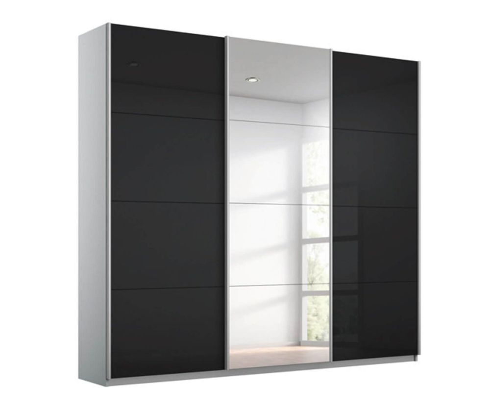 Rauch Kulmbach Black Glass Front 3 Sliding Glass Door 1 Mirror Wardrobe with Chrome Colour Handle Strips(W203cm)