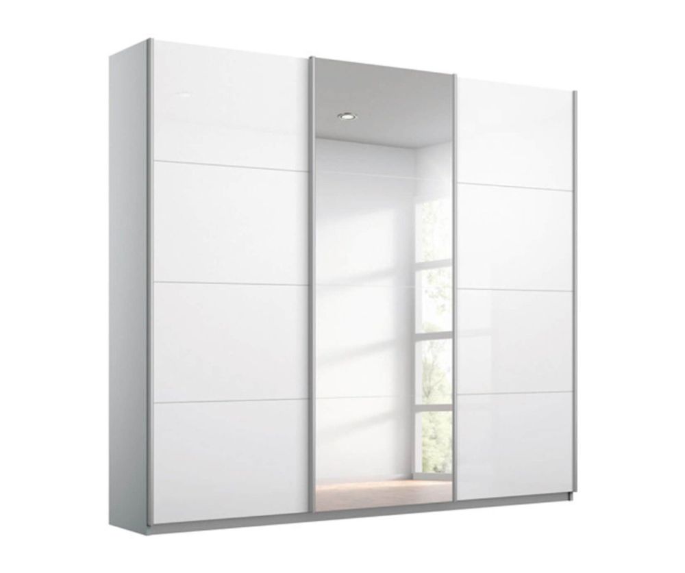 Rauch Kulmbach High Polish White Front 3 Sliding Door 1 Mirror Wardrobe with Aluminum Colour Handle Strips(W203cm)