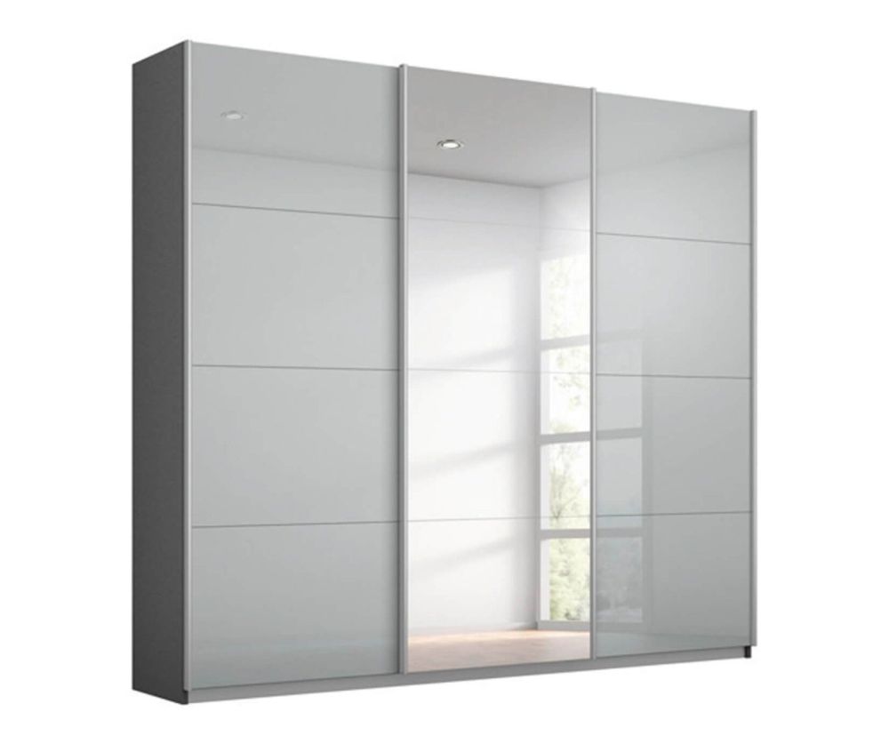 Rauch Kulmbach Silk Grey Glass Front 3 Sliding Glass Door 1 Mirror Wardrobe with Chrome Colour Handle Strips(W203cm)