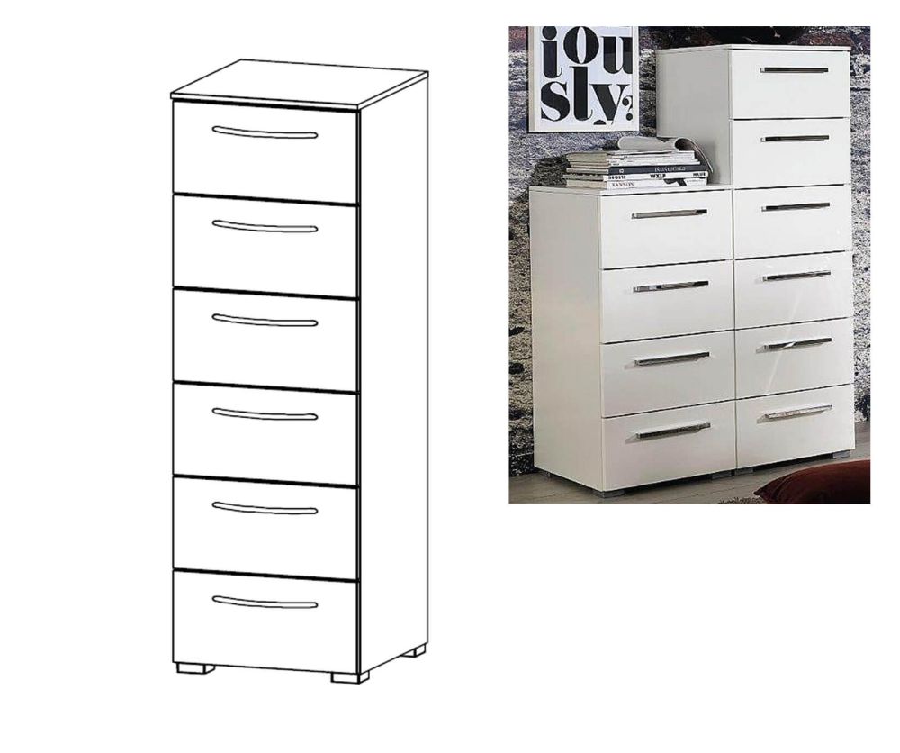Rauch Aldono Sonoma Oak Carcase with White High Polish Front 6 Drawer Ches