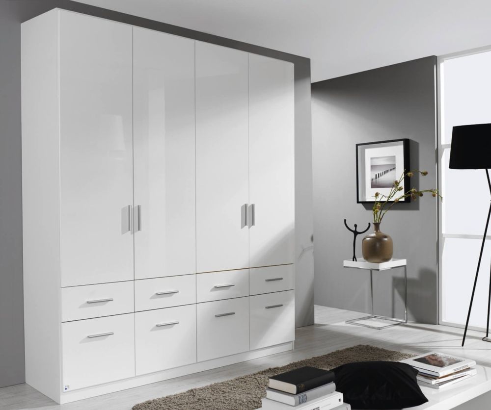 Rauch Celle Alpine White with High Polish White 4 Door 8 Drawer Combi Wardrobe (W181cm)