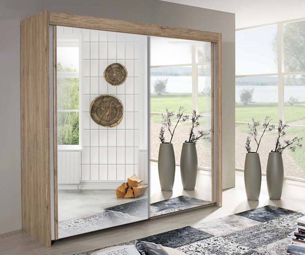 Rauch Amalfi Silk Grey Carcase with Alpine White Front 2 Sliding Mirror Door Wardrobe (H-223cm)