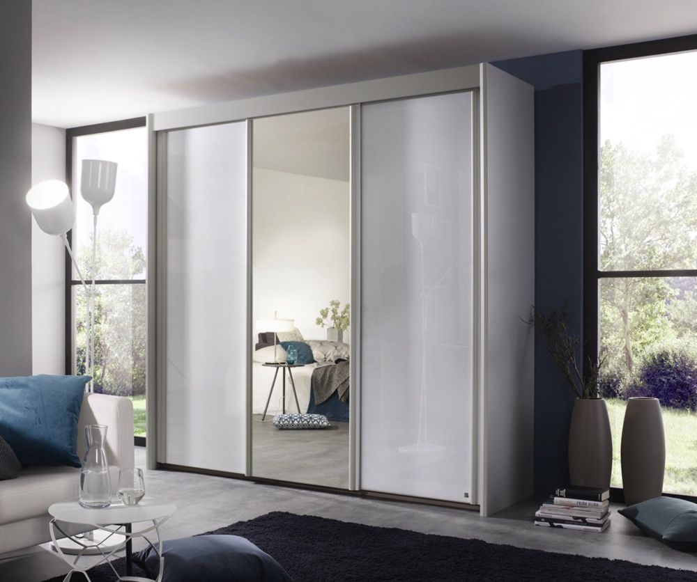 Rauch Amalfi Silk Grey Carcase with Alpine White Front 3 Sliding Door 1 Mirror Wardrobe (H-197cm, W-225cm)
