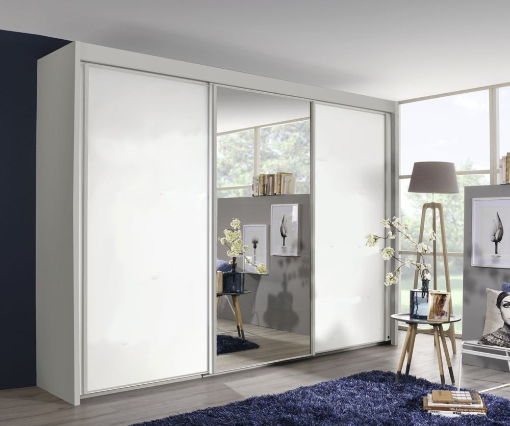 Rauch Amalfi Alpine White Carcase with Silk Grey Front 3 Sliding Door 1 Mirror Wardrobe (H-197cm, W-225cm)