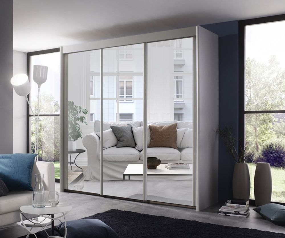 Rauch Amalfi Alpine White Carcase with Alpine White Front 3 Sliding Mirror Door Wardrobe (H-223cm, W-250cm)