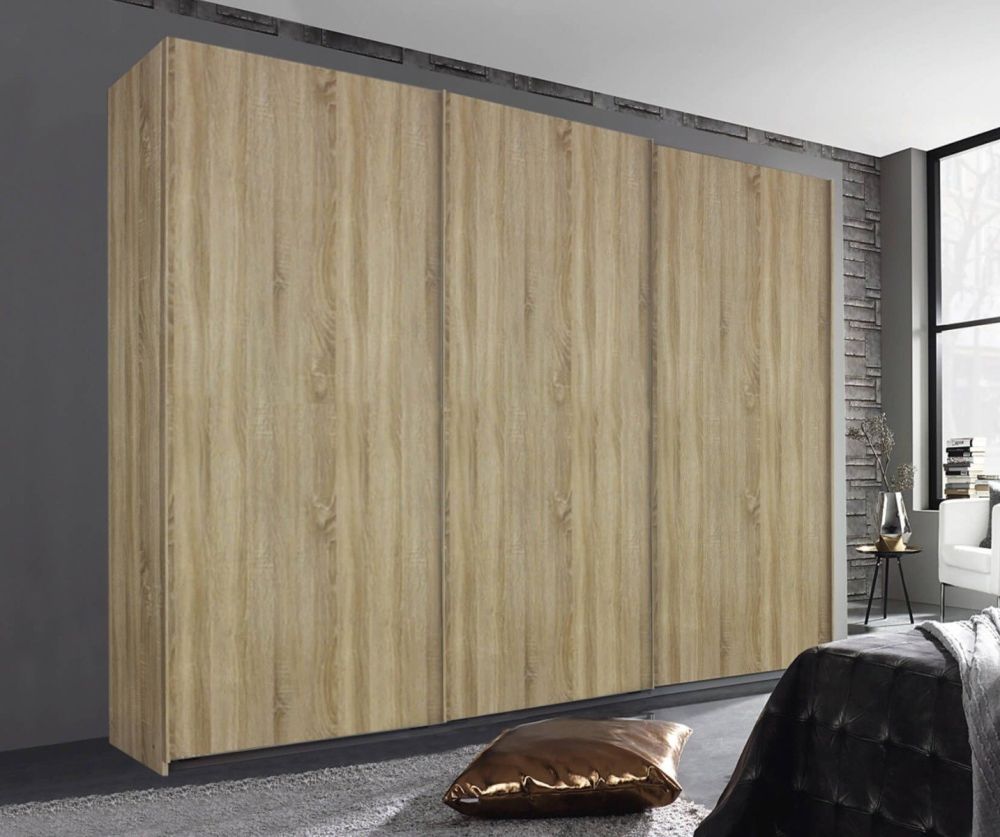 Rauch Essensa Sonoma Oak with Basalt Glass 6 Door Wardrobe with Carcass Coloured Short Handle with Vertical Trims (W271cm)