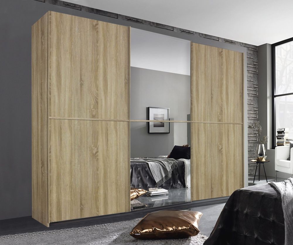 Rauch Essensa Sonoma Oak 2 Door 1 Mirror Sliding Wardrobe with Carcasre Coloured Handle with Vertical and Horizontal Trims (W181cm)