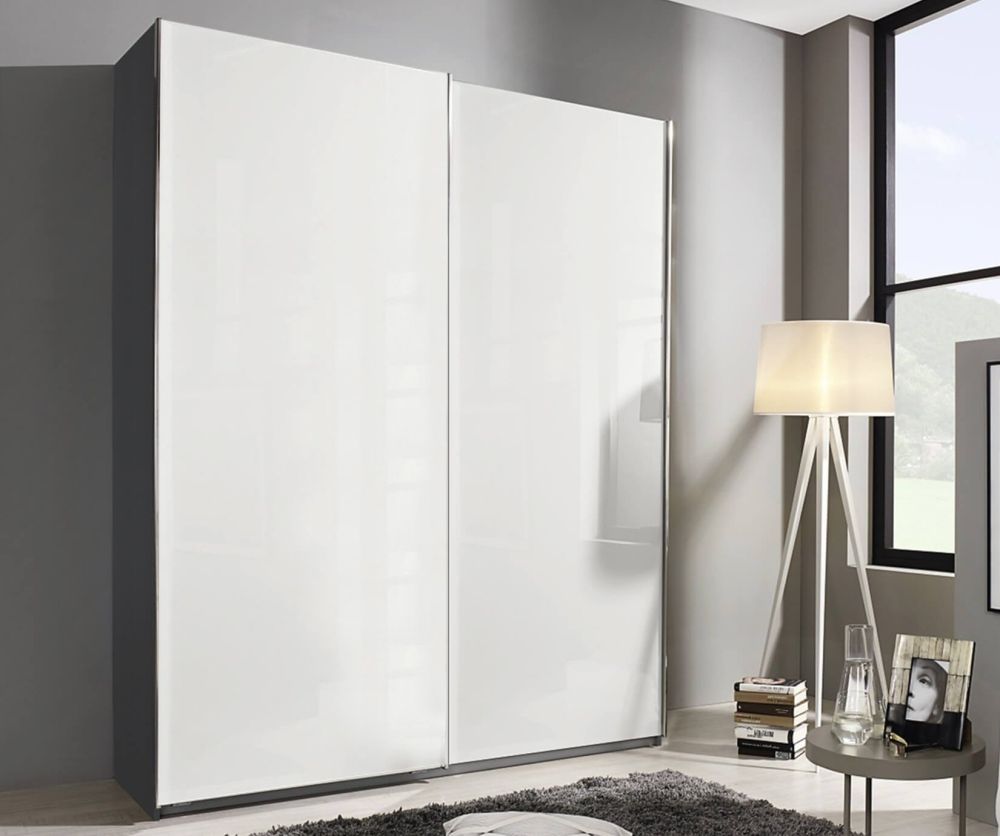 Rauch Essensa Metallic Grey with White Glass 2 Door 1 Mirror Sliding Wardrobe with Chrome Coloured Handle (W181cm)