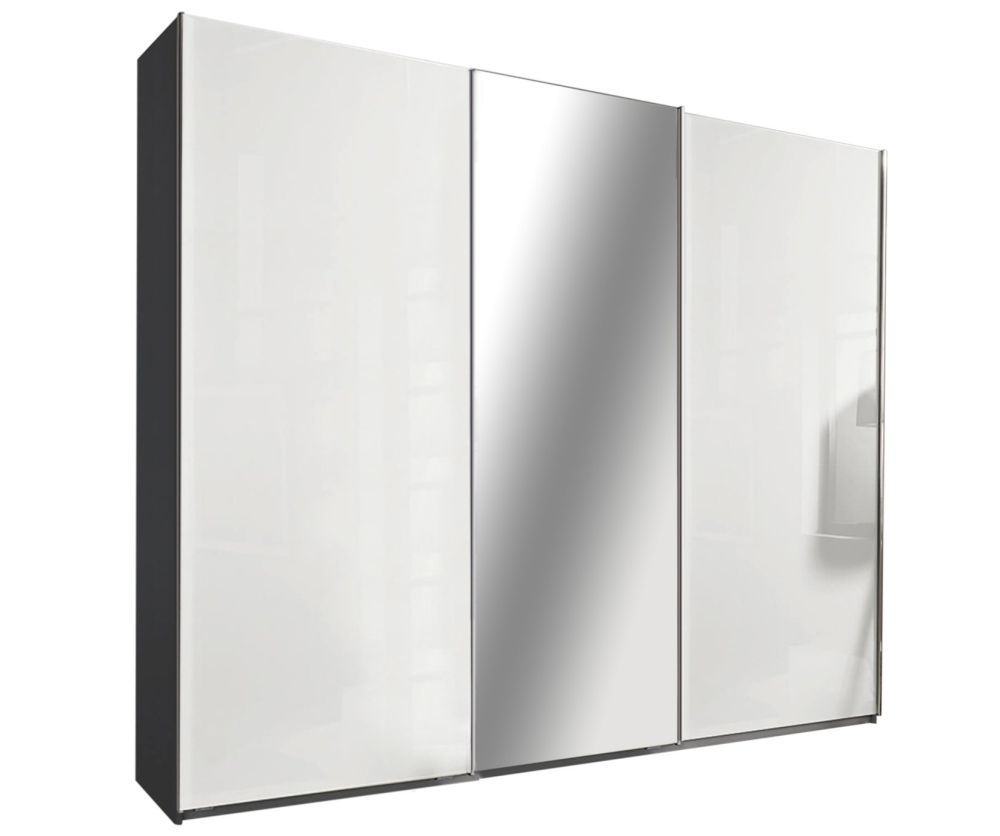 Rauch Essensa Metallic Grey with White Glass 3 Door 1 Mirror Sliding Wardrobe with Carcass Coloured Handle (W271cm)
