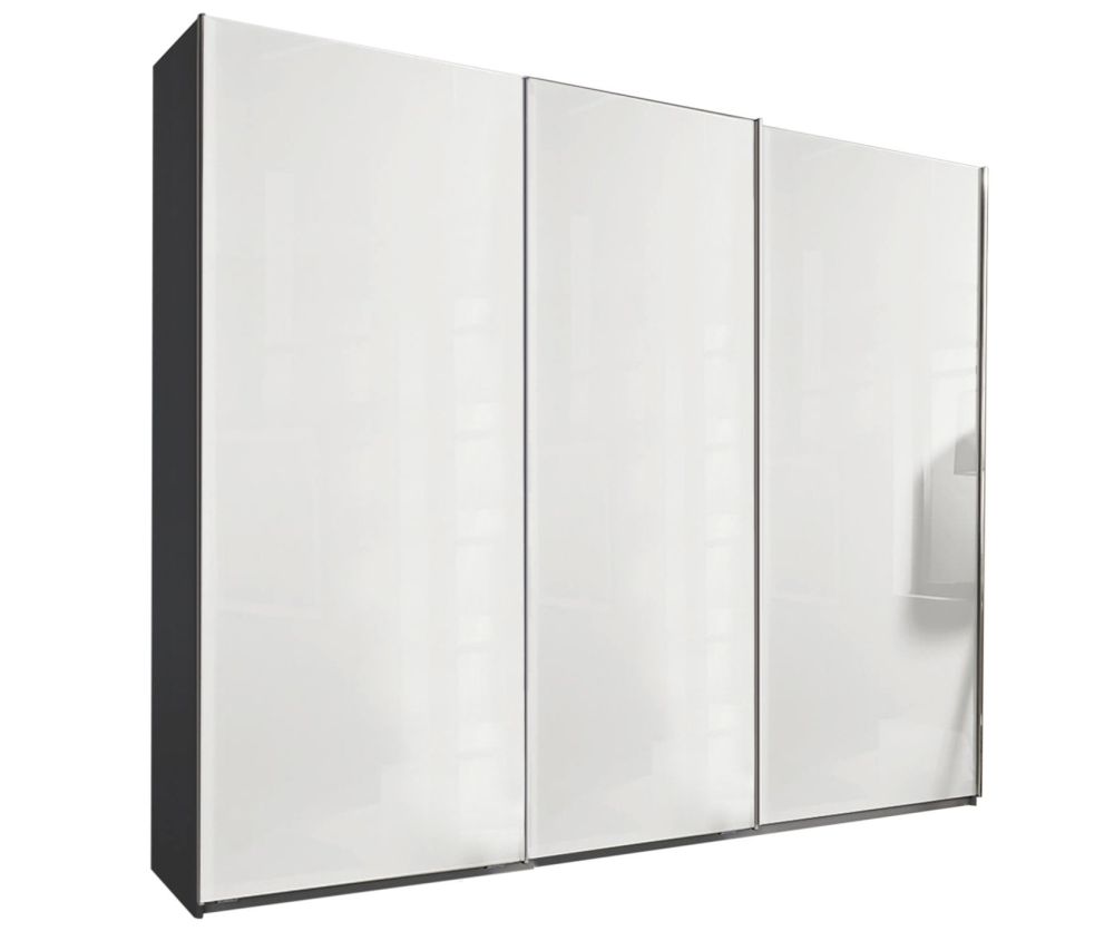Rauch Essensa Metallic Grey with White Glass 3 Door 1 Mirror Sliding Wardrobe with Chrome Coloured Handle with Vertical and Horizontal Trims (W271cm)