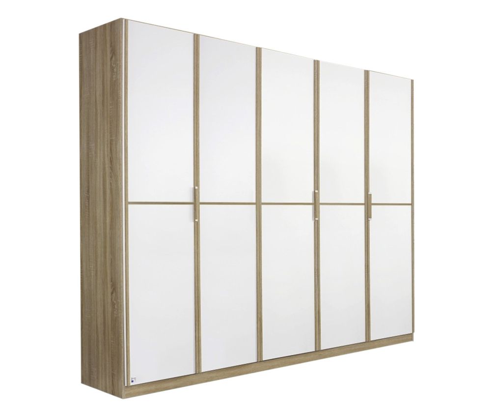 Rauch Essensa Sonoma Oak with Alpine White 4 Door Wardrobe Chrome Coloured Long Handle with Vertical and Horizontal Trims (W181cm)