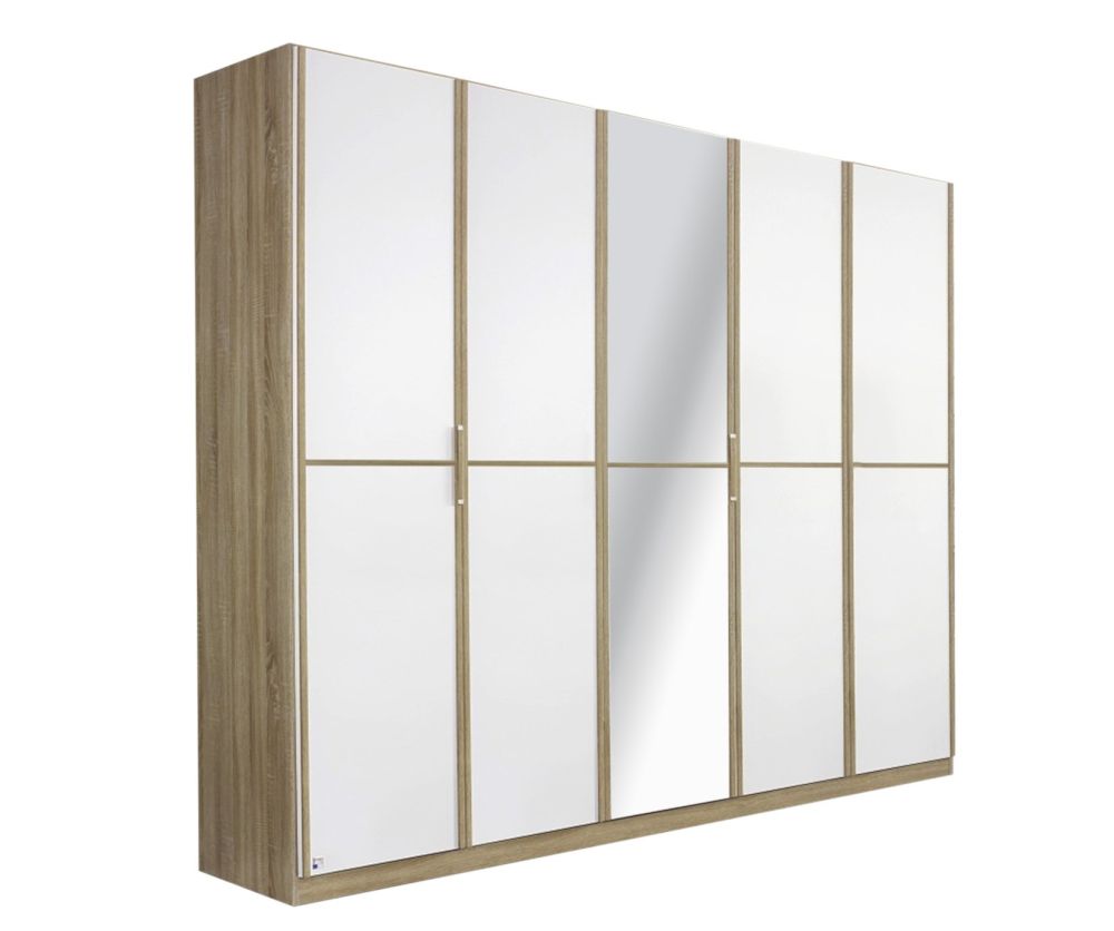 Rauch Essensa Sonoma Oak with Alpine White 3 Door 1 Mirror Wardrobe with Chrome Coloured Long Handle with Vertical and Horizontal Trims (W136cm)