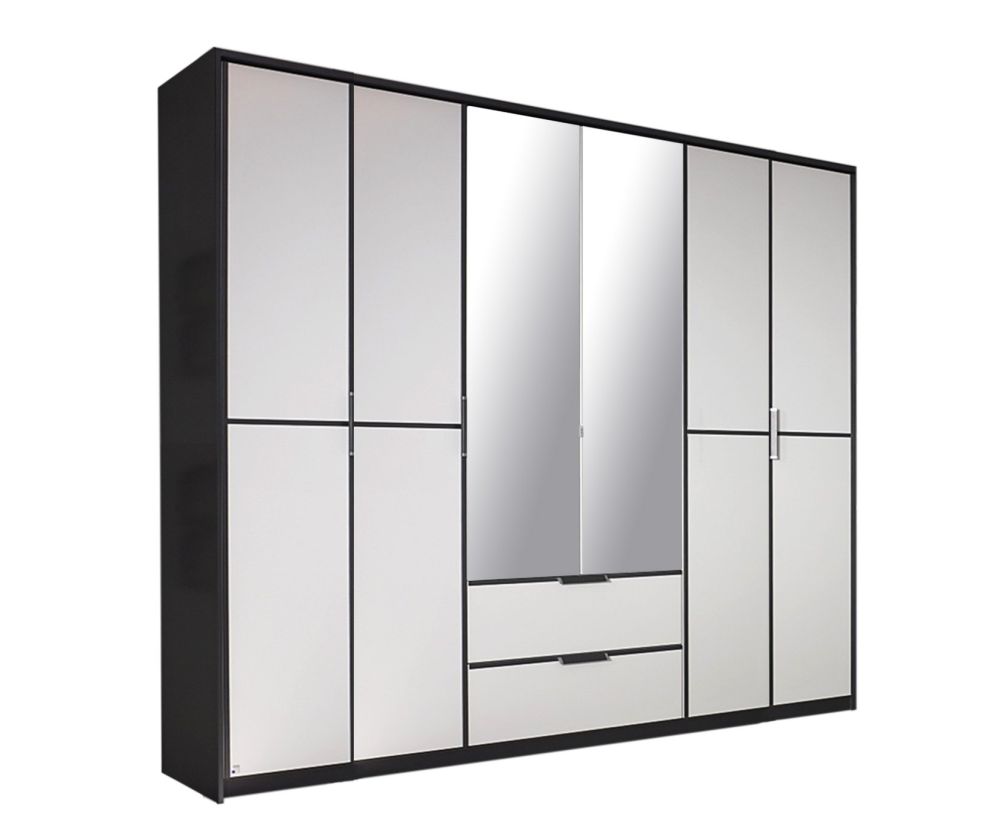 Rauch Essensa Metallic Grey with Alpine White 4 Door 2 Mirror Wardrobe with Chrome Coloured Short Handle with Vertical and Horizontal Trims (W181cm)
