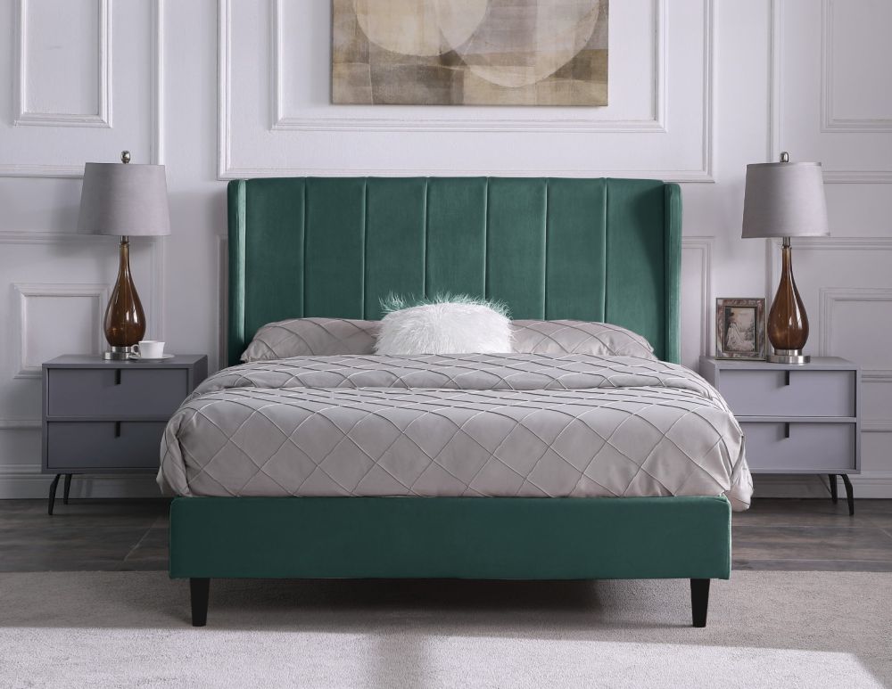 Seconique Furniture Amelia Green Velvet Fabric Bed  