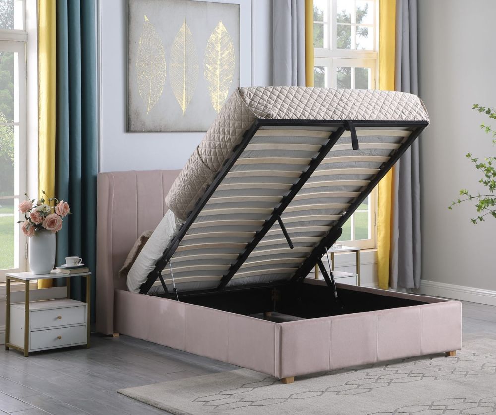 Seconique Furniture Amelia Plus Pink Velvet Fabric Storage Bed