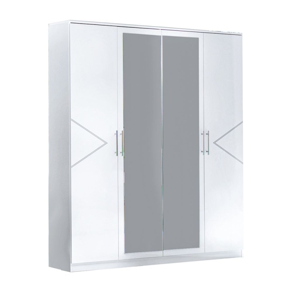 Ben Company Elegance White and Silver Finish Italian Bed Group Set with 4 Door Wardrobe