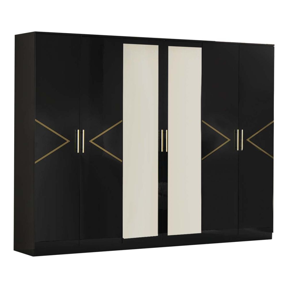 Ben Company Elegance Black and Gold Finish Italian Bed Group Set with 6 Door Wardrobe
