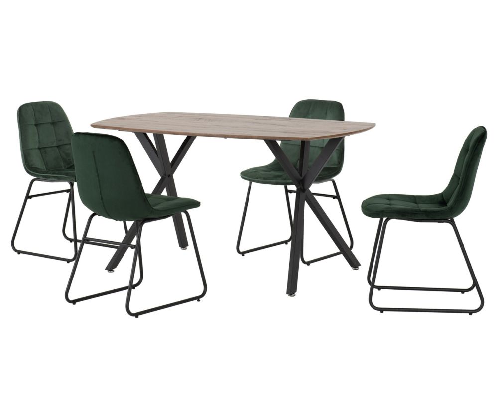 Seconique Furniture Athens Medium Oak Effect and Black And Emerald Rectangular Dining Set With Lukas Green Velvet Dining Chairs