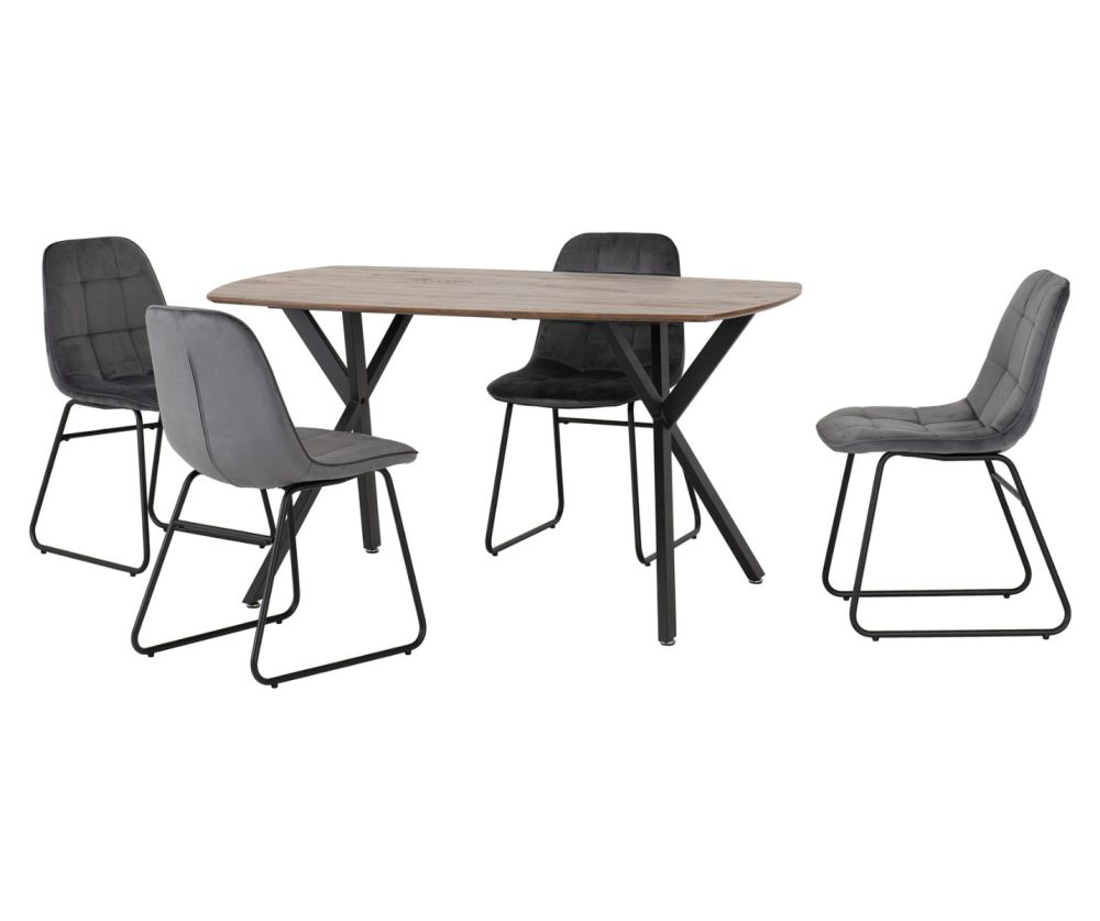 Seconique Furniture Athens Medium Oak Effect And Black And Grey Velvet Rectangular Dining Set With Lukas Grey Velvet Dining Chairs
