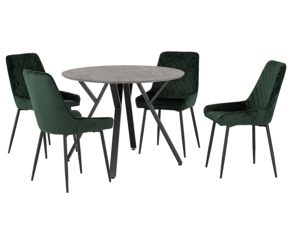 Seconique Furniture Athens Concrete Effect and black and emerald Green Velvet Round Dining Set With Lukas Green Velvet  Dining Chairs