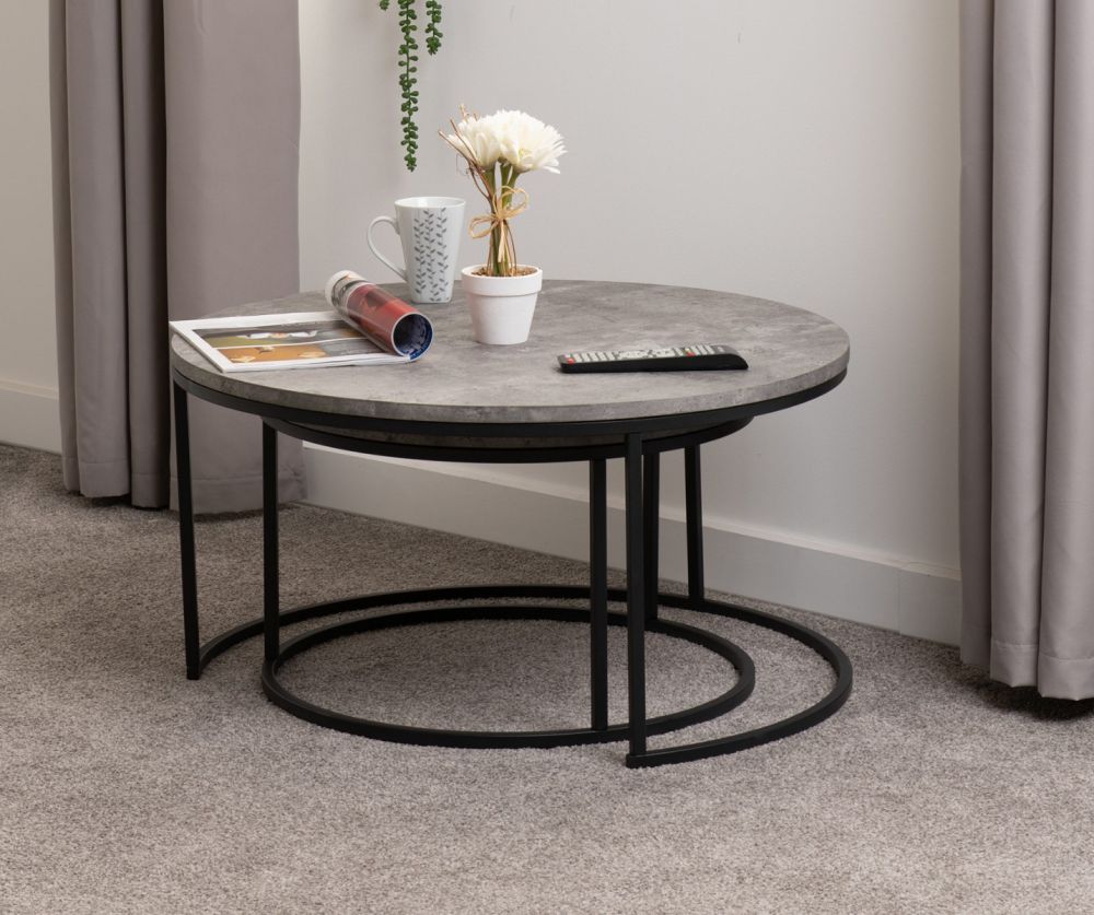 Seconique Furniture Athens Concrete Effect And Black Round Coffee Table Set
