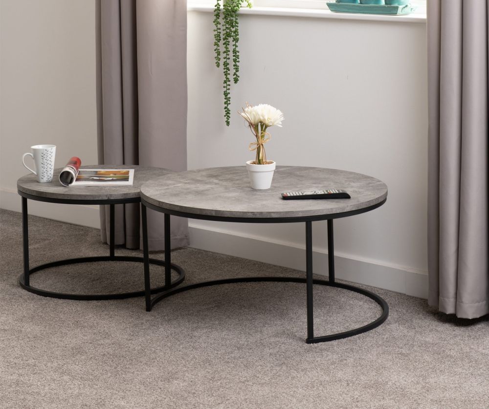 Seconique Furniture Athens Concrete Effect And Black Round Coffee Table Set
