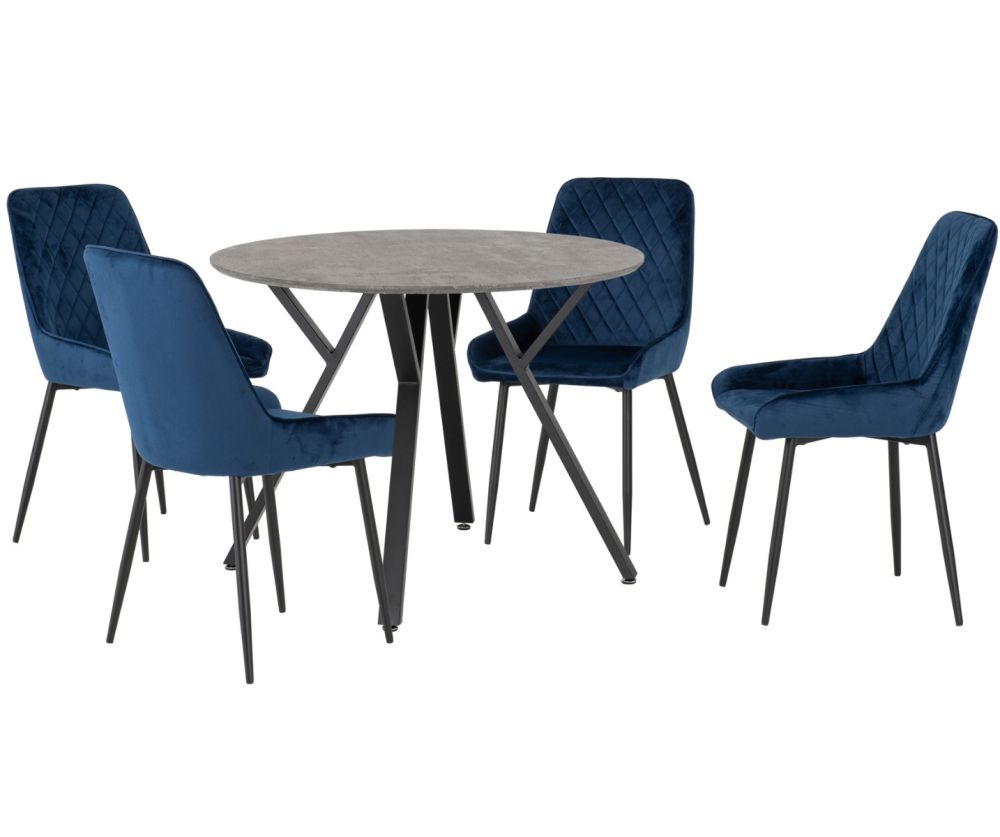 Seconique Furniture Athens Concrete Effect Round Dining Set With Sapphire Blue Velvet Chairs – Black Legs