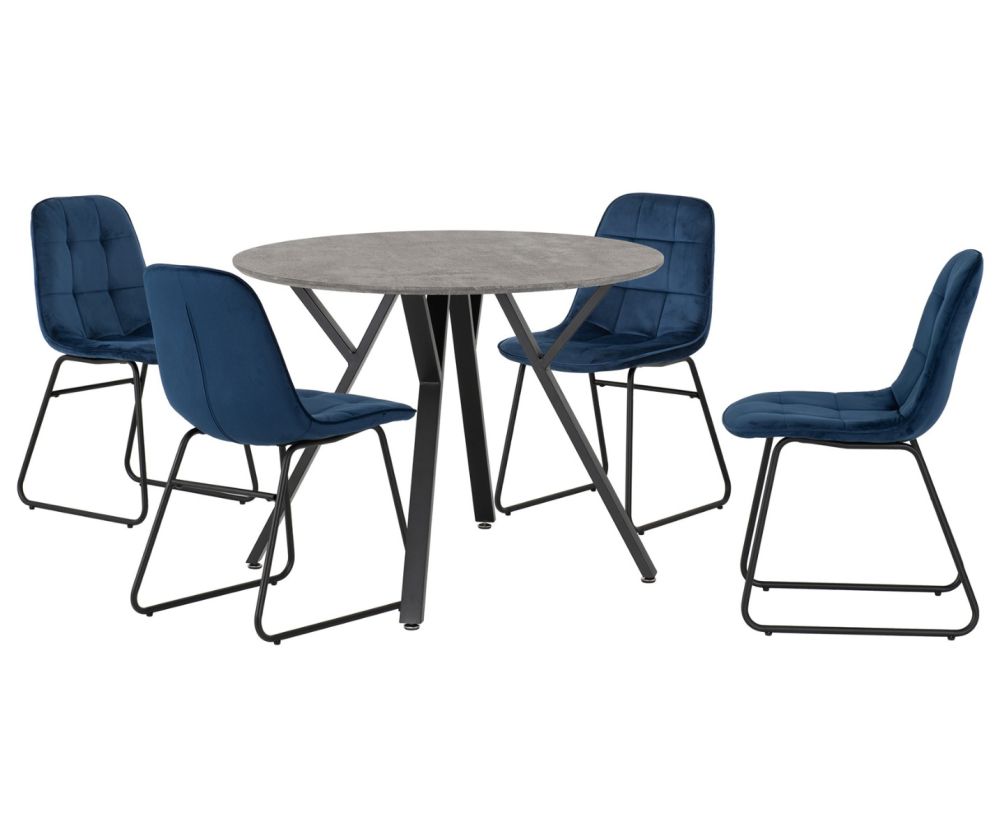 Seconique Furniture Athens Concrete Effect And Black And Sapphire Blue Velvet Round Dining Set With Lukas Chairs