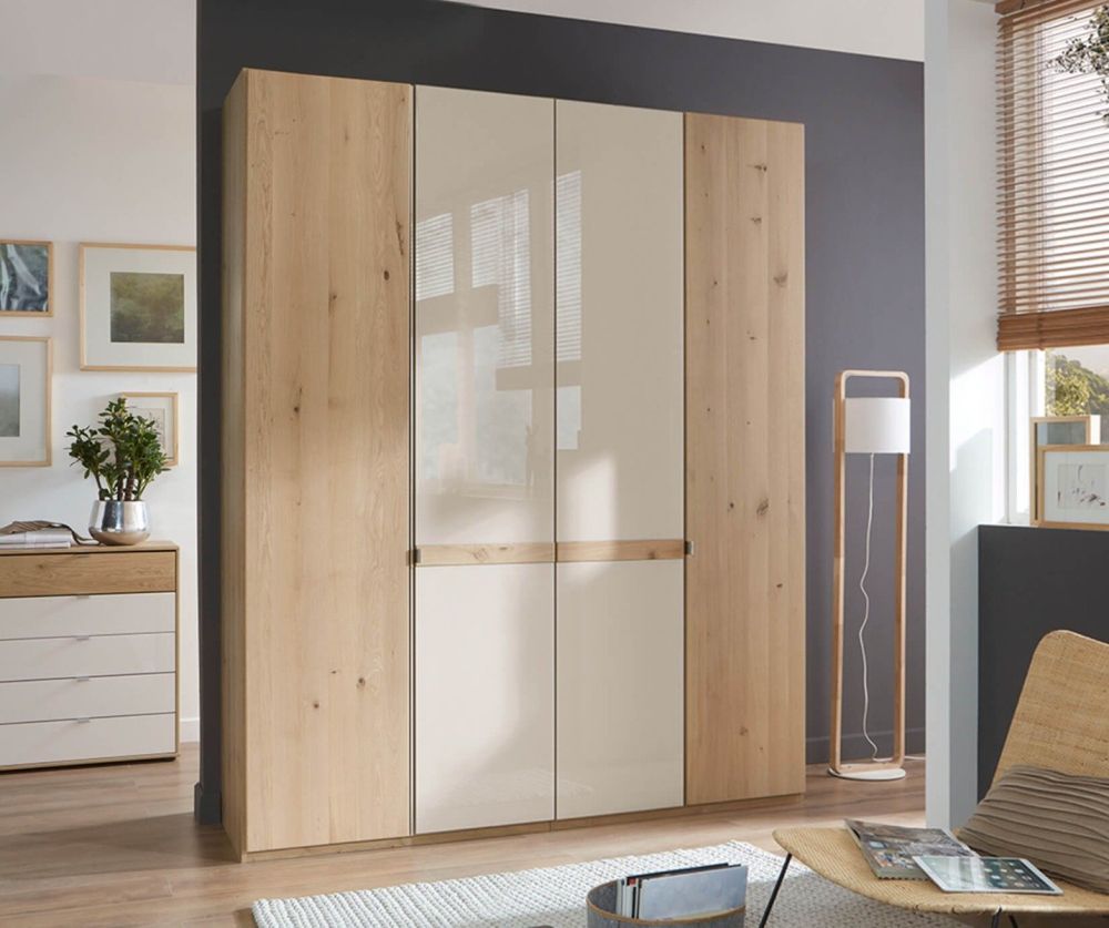 Wiemann Bari Wooden And Champagne Glass Hinged Door Wardrobe With Cross Trims - H216cm
