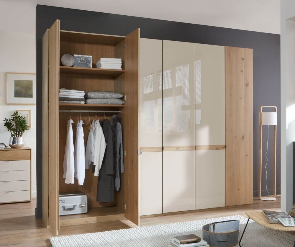 Wiemann Bari Wooden And Champagne Glass Hinged Door Wardrobe With Cross Trims - H216cm