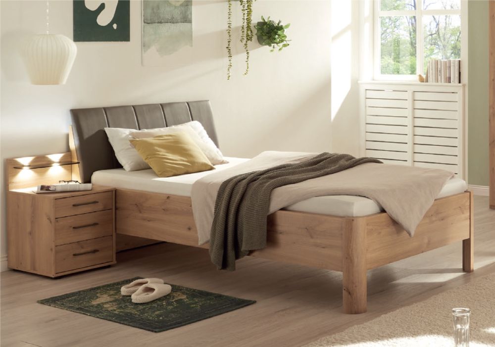 Wiemann Genf Wooden Bed Frame with Havana Faux Leather Cushion Headboard