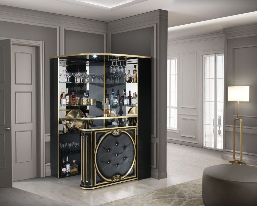 H2O Design Aurora Black and Gold Italian Corner Bar Unit with Eco Leather Front
