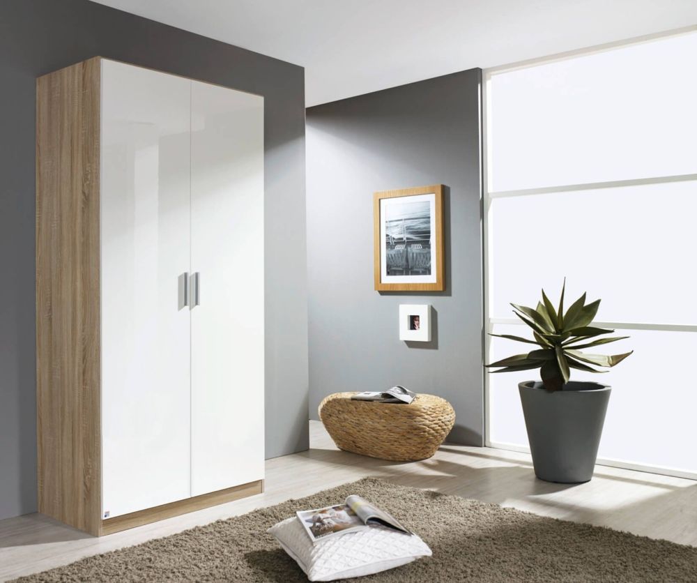 Rauch Celle Sonoma Oak with High Polish White 2 Door Wardrobe (W91cm)