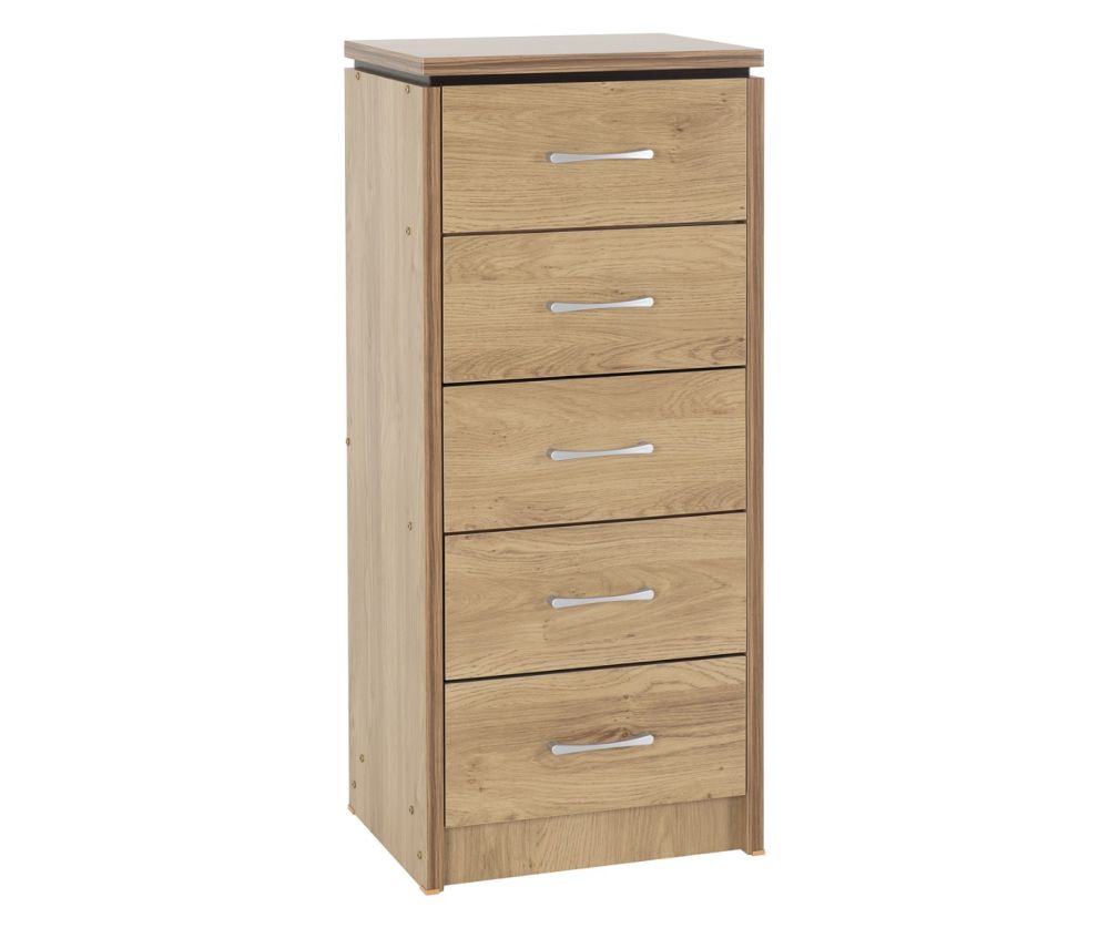 Seconique Furniture Charles Oak Veneer With Walnut Trim 5 Drawer Narrow Chest  
