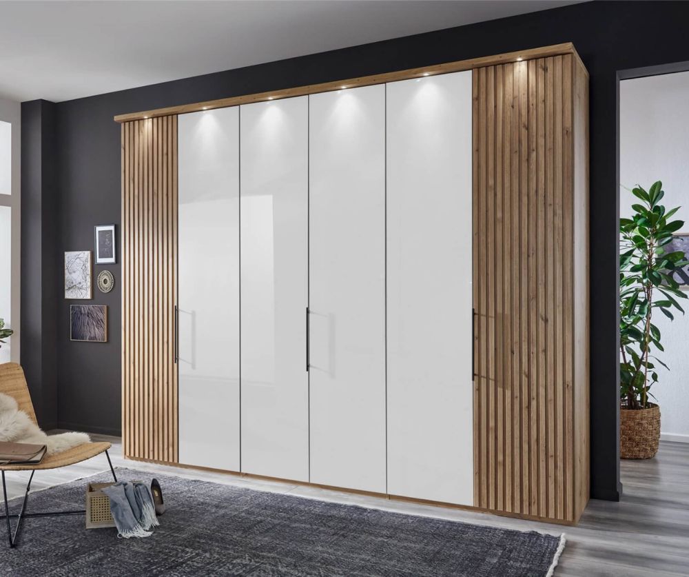 Wiemann Denver White Glass Hinged Door Wardrobe with Bianco Oak Decking