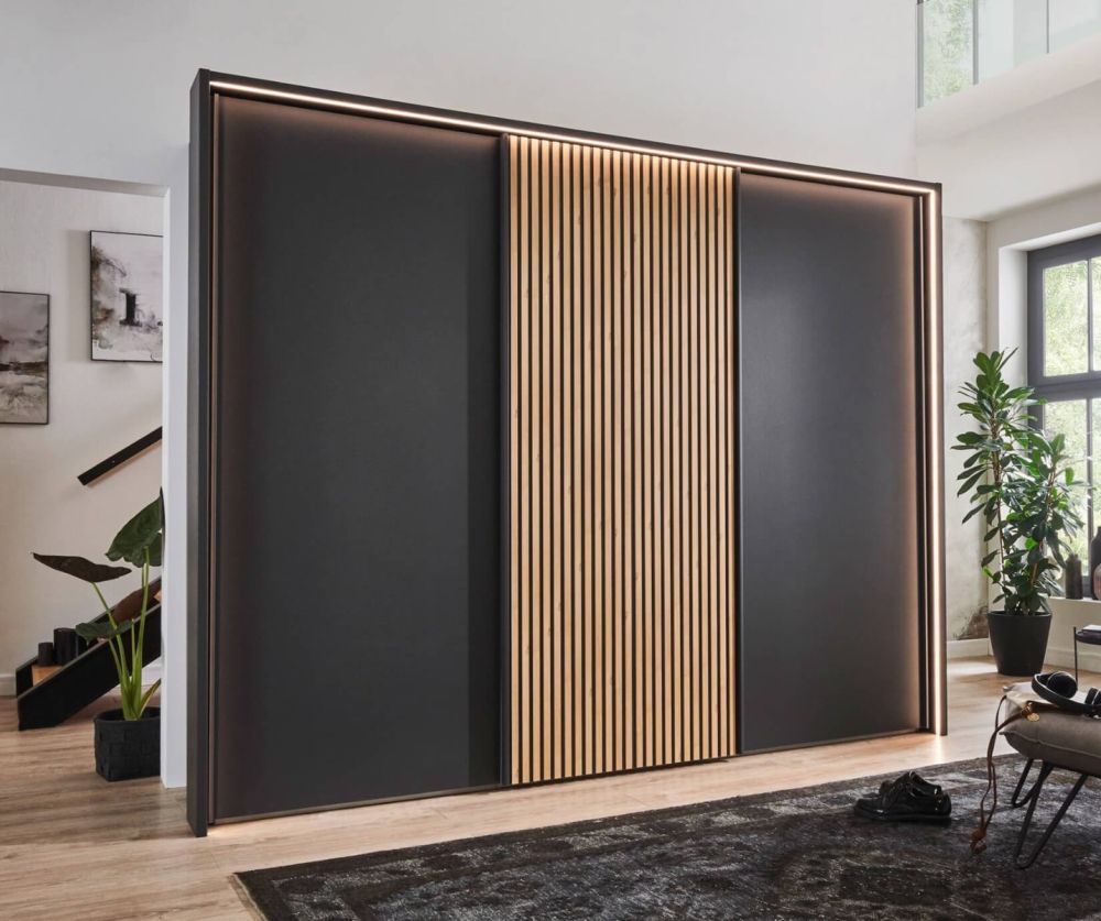 Wiemann Denver Graphite Finish Sliding Door Wardrobe with Bianco Oak Decking