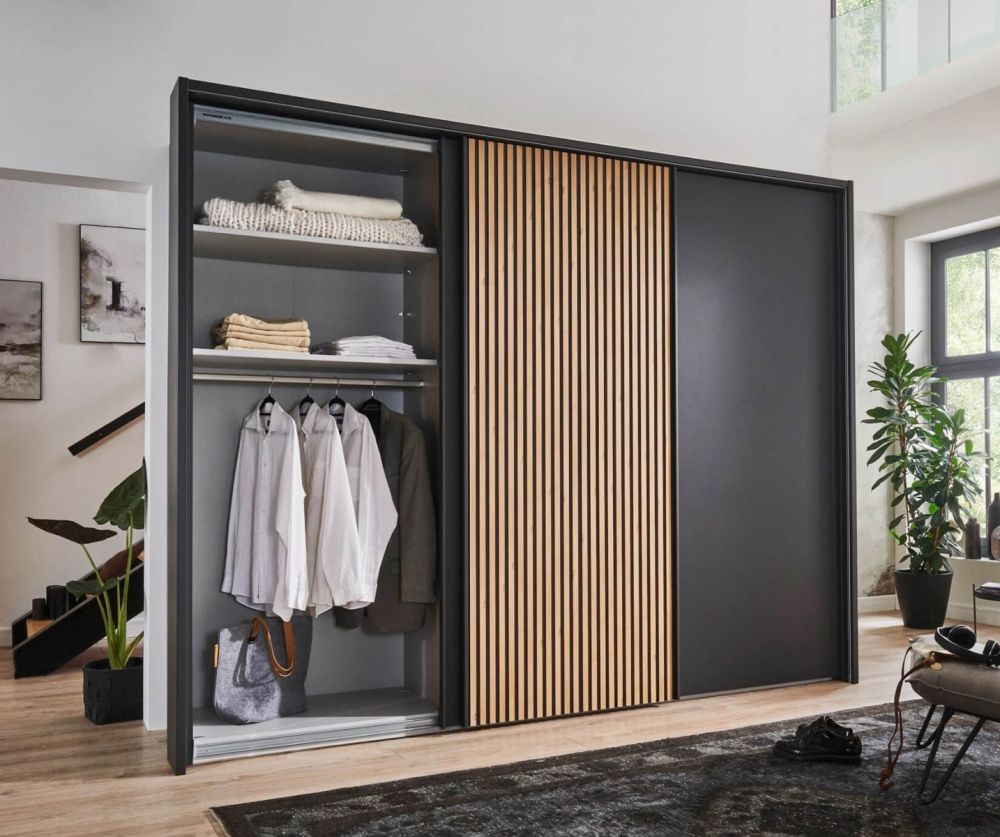 Wiemann Denver Graphite Finish Sliding Door Wardrobe with Bianco Oak Decking